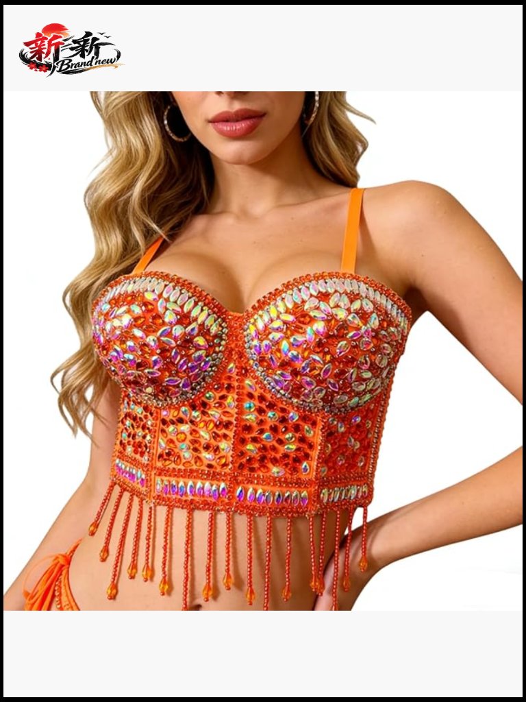 Rhinestone Bead Bustier Crop Top Club Party Corset Top Pearl Tassel Decoration